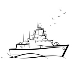 Russian military warship. Drawing vector illustration © Luba Bunakova