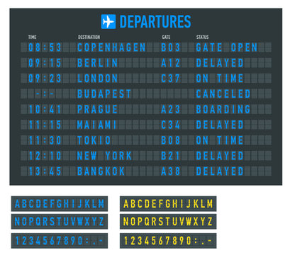 Info of flight on the billboard in the airport. Airport terminal arrival and departure timetable, information board, display alphabet.