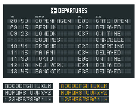Info of flight on the billboard in the airport. Airport terminal arrival and departure timetable, information board, display alphabet.
