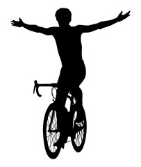 Silhouette noire d'un cycliste victorieux à la ligne d'arrivée sur fond blanc - obrazy, fototapety, plakaty