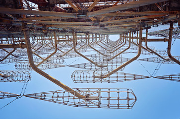 Large antenna field. Soviet radar system Duga at Chernobyl nuclear power plant. ABM missile...