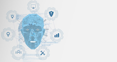 Future of Artificial Intelligence (AI), Human face with AI text made by digital circuit on blue background for web banner design.