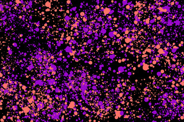 Neon purple and coral random round paint splashes on black background Color splash and drop pattern Abstract colorful texture for web-design, website, presentations, fashion or concept design.