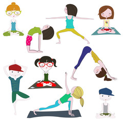 Set of yoga poses of girls and boys in vector