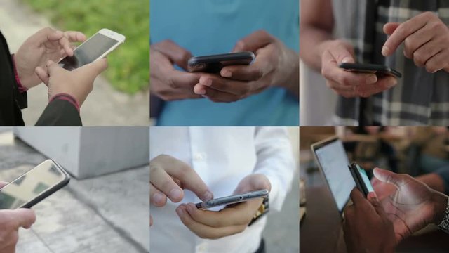 Collage of close up shots of male hands of different races working on phone, typing. Work, communication concept