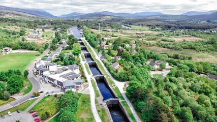 Neptune staircase locks, aerial view by drone at the Caledonian Canal, Banavie, Scotland, UK - obrazy, fototapety, plakaty