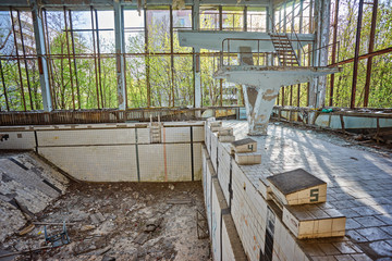swimming pool in Pripyat, the ghost town in the Chernobyl Exclusion Zone which was established after the nuclear disaster