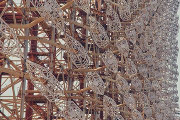 Large antenna field. Soviet radar system Duga at Chernobyl nuclear power plant. ABM missile defense. Antenna field, over-the-horizon radar. Military object of USSR ABM.