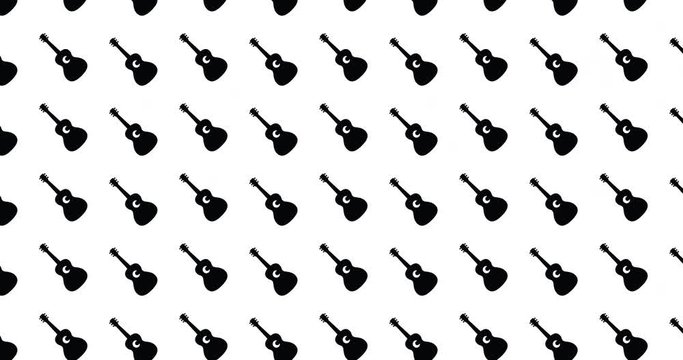 Acoustic guitars background video clip motion backdrop video in a seamless repeating loop. Black & white musical instrument music themed guitar icon pattern white background high definition video