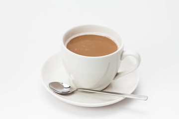 Coffee cup on saucer on white background
