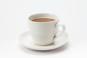 Coffee cup on saucer on white background