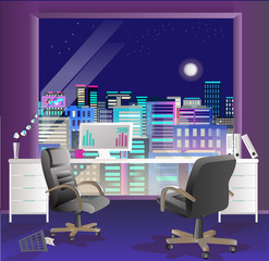 Office interior vector business background, desks chairs, computer desk, desktop