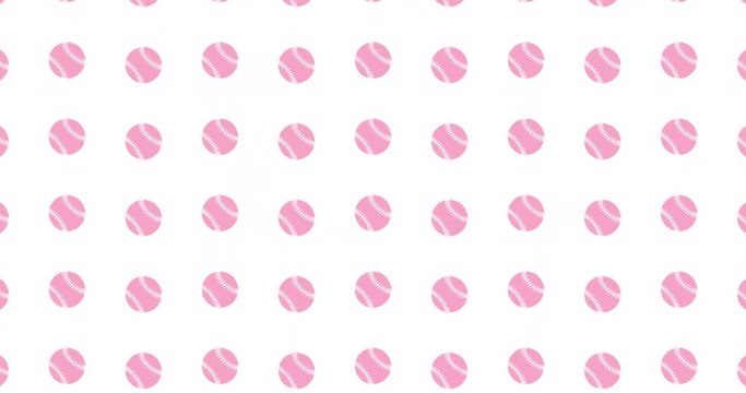 Illustrated pink baseball or softball background video clip motion backdrop video in a seamless repeating loop. Pink color softball ball sports icon pattern white background high definition video