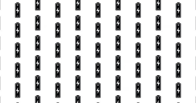 Illustrated electronics batteries icon background video clip motion backdrop video in a seamless repeating loop. Black & white tech battery icon illustration background high definition motion clip