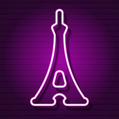 Eiffel tower neon sign. Luminous signboard with famous tower. Night bright advertisement. Vector in neon style for French vacation, travel agency, architecture