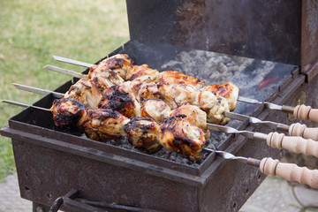 The branches are burning in the grill. The fire in the grill. Cooking on charcoal.