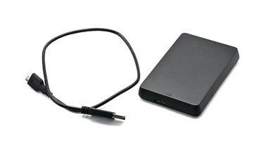 External hard drive for storing and transferring various files on a white background