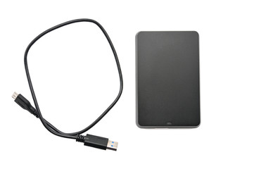 External hard drive for storing and transferring various files on a white background