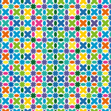 Arabic arabesque design greeting card for Ramadan Kareem. Islamic ornamental colorful pattern. geometric seamless pattern.