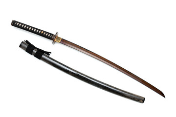 Red blade Japanese sword  black cord with  shiny ray skin wrapped scabbard  isolated in white background.