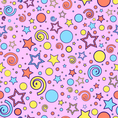 Bright seamless pattern of blue, yellow and orange stars, dots and curls, on a pink background, vector.