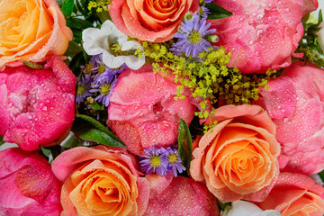 Bouquet of fresh pink peonies and roses. Card Concept, pastel colors, close up image