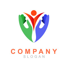 human logo with shield design illustration, charity icon , hand and shield logo