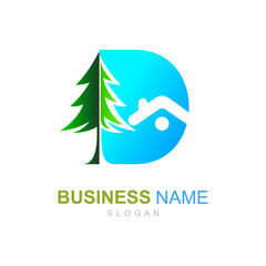 Naklejka premium tree and letter d logo design template, building logo, nature icon
