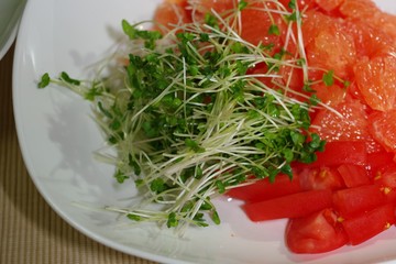 ブロッコリースプラウトと剥いたグレープフルーツとトマトのサラダ