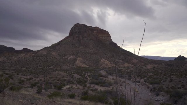 Push in establishing shot of Cerro Castellan known as Castolon volcanic Peak in the Chihuahuan Desert