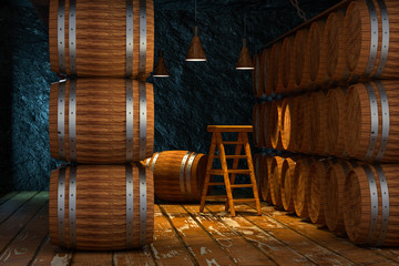 Wooden cellar with barrels inside, vintage beverage warehouse, 3d rendering.