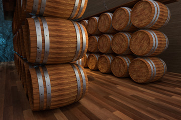 Wooden cellar with barrels inside, vintage beverage warehouse, 3d rendering.