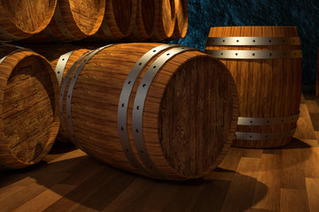 Wooden cellar with barrels inside, vintage beverage warehouse, 3d rendering.