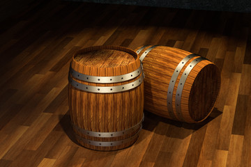 Wooden cellar with barrels inside, vintage beverage warehouse, 3d rendering.