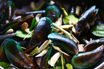 Mussel shell with herbs and spices cooked green mussel steaming seafood