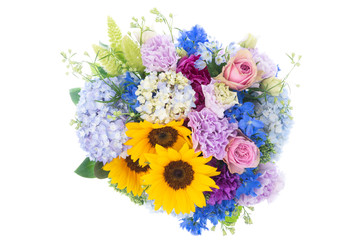 Flower arrangement : Rose, Hydrangea, Sunflower, Texas Bluebell, Carnation, Foxtail Millet, Peony, Delphinium, Sedum