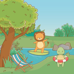 Obraz na płótnie Canvas Turtle and lion in forest design vector illustration