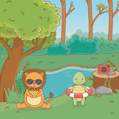 Obraz na płótnie Canvas Turtle and lion in forest design vector illustration