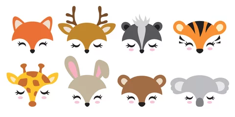 Fotobehang Bosdieren Vectorillustratiereeks leuke dierlijke gezichten met inbegrip van vos, herten, stinkdier, tijger, giraf, konijn, beer en koala.