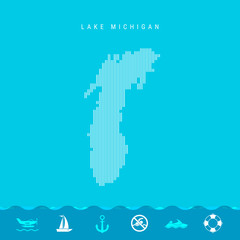 Vector Vertical Lines Pattern Map of Lake Michigan, One of the Five Great Lakes of North America. Striped Simple Silhouette of Lake Michigan. Lifeguard, Watercraft Icons.