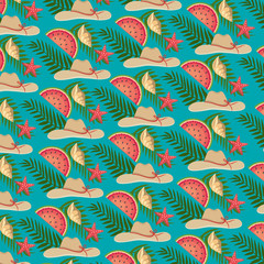 Obraz premium watermelon with hat and shell with leaves branches background