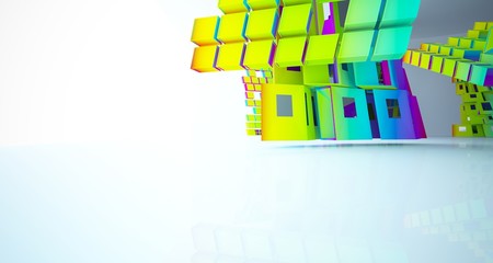 Abstract white and colored gradient parametric  interior  with window. 3D illustration and rendering.