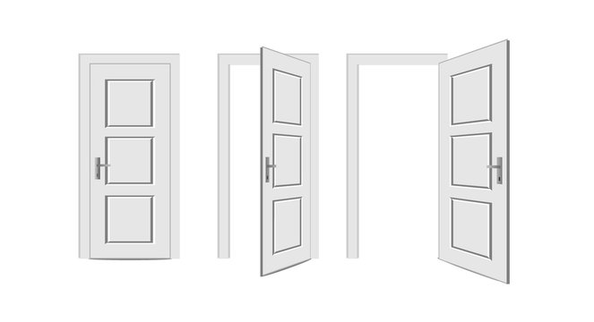 Doors set. Front view opened and closed the door. Isolated vector illustration