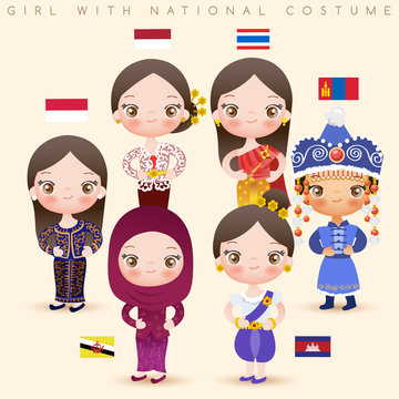 Girls in national costumes : Singapore, Indonesia, Thailand, Mongolia, Brunei and Cambodia : Vector Illustration