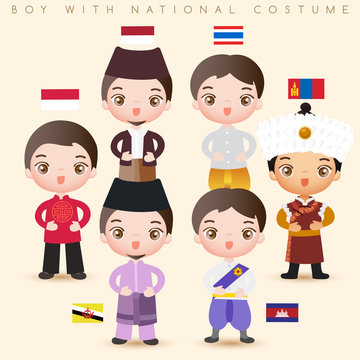 Boys in national costumes : Singapore, Indonesia, Thailand, Mongolia, Brunei and Cambodia : Vector Illustration