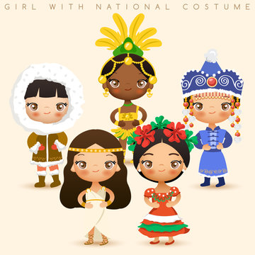 Girls in national costumes : Eskimo, Brazil, Mongolia, Greece and Mexico : Vector Illustration