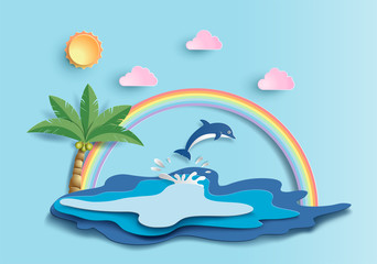 Fototapeta na wymiar World oceans day concept, help to protect animal and environment, paper art and craft style, flat-style vector illustration.