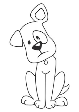 Sad brown sitting dog, vector illustration. Black and white picture of regret puppy. Coloring book for children.
