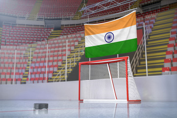Flag of India in hockey arena with puck and net
