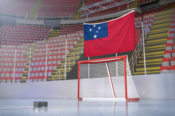 Flag of Samoa in hockey arena with puck and net